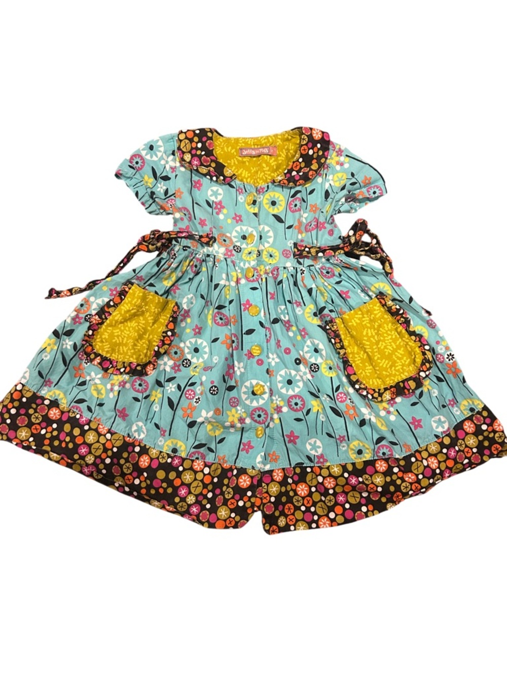 Jelly The Pug Girls Aqua Floral Dress with Yellow Pockets and Brown Trim
